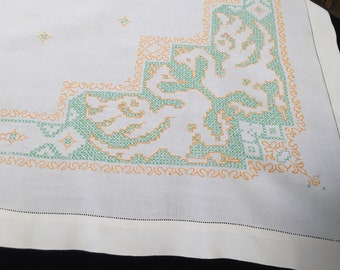 Vintage Hand Embroidered Linen Tablecloth with Cross Stitch Phoenix Pattern RBT4145