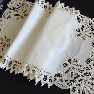 Vintage Hand Embroidered Battenburg Needle Lace Table Runner in Natural Neutral Colour DAMAGED