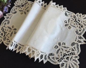 Vintage Hand Embroidered Battenburg Needle Lace Table Runner in Natural Neutral Colour DAMAGED