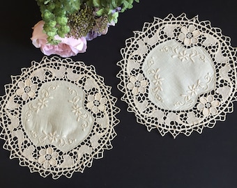 Vintage Handmade Doily Pair with Embroidered Centre and Venetian Style Needle Lace