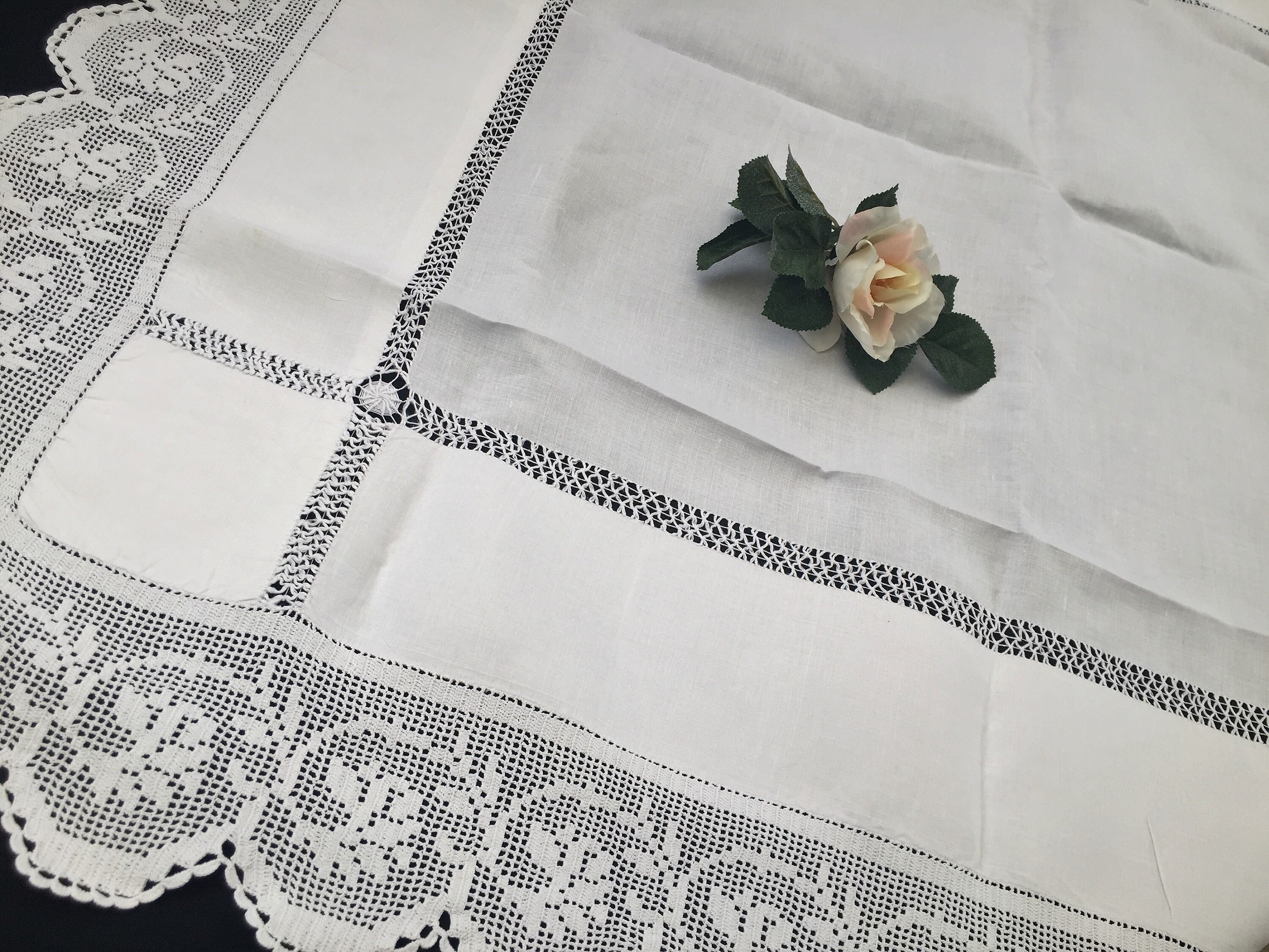 Buy Vintage Irish Lace and Linen Tablecloth. White Linen Tablecloth