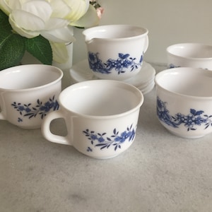 4 Vintage French Arcopal Blue and White Floral Milk Glass Espresso Cup and Saucer Sets + Creamer 70s Collectible Oven to Table Kitchenalia