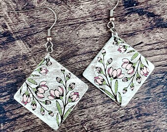 Floral Earrings, Hand Painted Wood Earrings With Delicate Flowers, Christmas Gift for Her, Wife, Mom, Sister