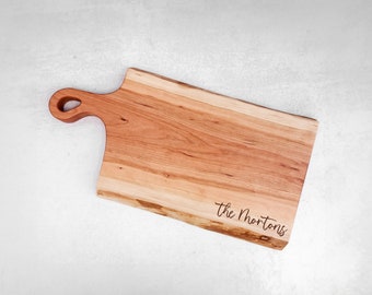 Live Edge Charcuterie Board, Personalized Cheese Board in Cherry Wood, Engagement Gift for Wedding