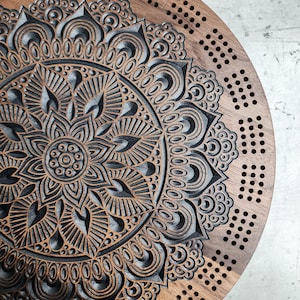 Cribbage Board, Black Walnut Carved Mandala Crib Board