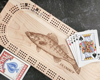 Cribbage Board, Personalized Fishing Crib Board, Walleye Fishing Cribbage Board, Birthday Gift for Dad, Fathers Day