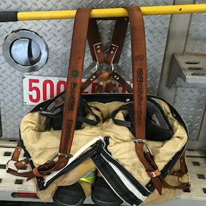 Custom leather firefighter suspenders, genuine leather firefighting bunker pants  suspenders made with leather and rivets
