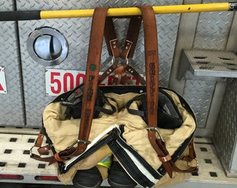 Custom leather firefighter suspenders, genuine leather firefighting bunker pants  suspenders made with leather and rivets