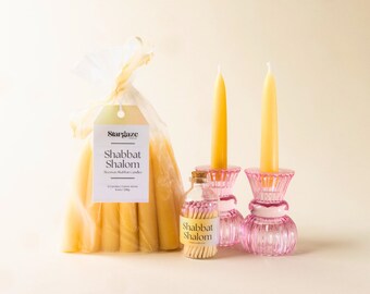 Beeswax Shabbat Candle Set Bundle - Beeswax Candles, Pink Candle Holders, and Pink Matches