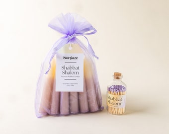 Lavender Candle & Match Bundle - Set of 12 Lavender Dipped Beeswax Shabbat Candles and Lavender Match Apothecary Jar Set