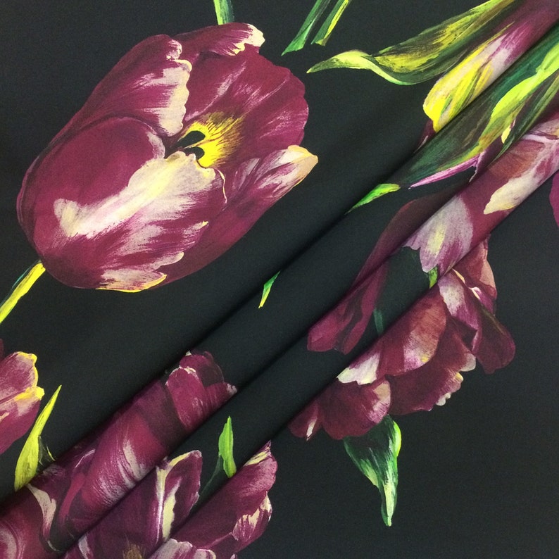 Silk Italian fabric tulips print made in Italy designer fashion yards dress floral printed fabric haute couture