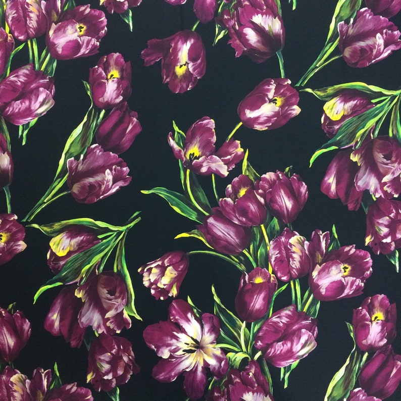 Silk Italian fabric tulips print made in Italy designer fashion yards dress floral printed fabric haute couture
