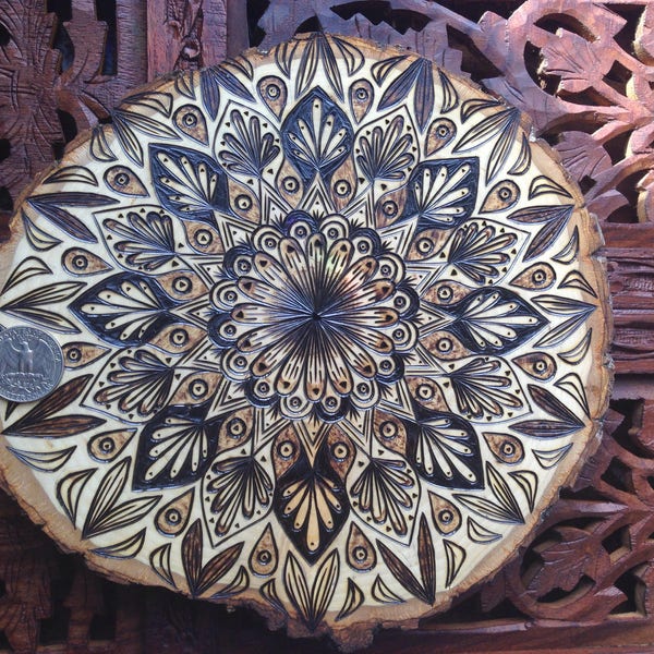 8.5" Wood Burned Mandala Wall Art - Handmade Wall Hanging, Sacred Geometry Art, Bohemian Wall Art