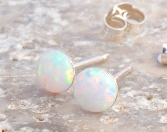 Silver Stud Earrings Opal, Ear Lobe Piercing, White Fire Blue Gem Stone, Tiny Dainty Gift for Her