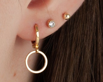 Mini Hoop Earrings with Karma Circle Dangle Charm, Minimalist Dainty Earrings, Geometric Ear Huggers, Valentine's Gift