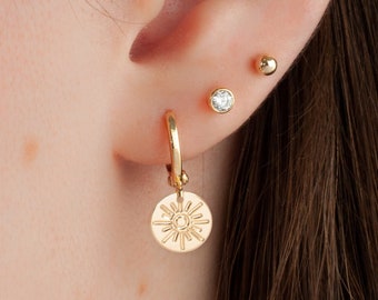 Sun Earrings Gold, Sun Dangle Earrings, Tiny Gold Hoops
