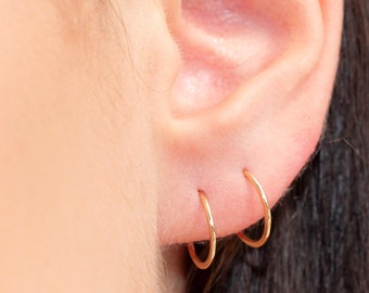 Thin Gold Hoops, Simple Hoop Earrings, Tiny Gold Hoops, Second Hole Earrings, Hoop Earring Set 10 mm 0.39 Inch Gold Silver Rose Gold