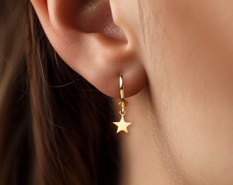 Star Charm Hoop Earrings, Dangling Hoops, Tiny Gold Ear Huggers