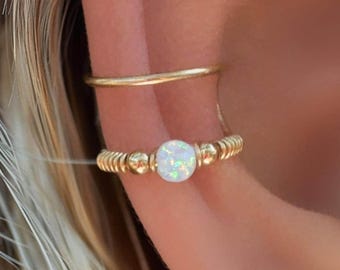 Gold Ear Cuff Opal Bead Conch Earring Fake Piercing Clip on Jewelry Gift for Her