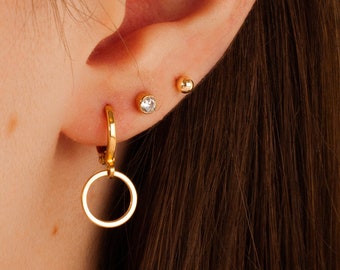 Geometric Earrings, Ear Huggers, Small Hoops with Charm, Sleeper Hoops, Karma Circle Earrings