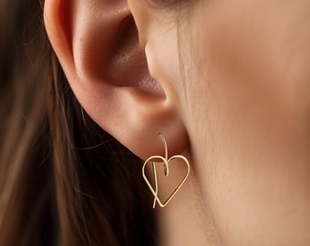 Solid Gold Filled Heart Earrings, Delicate Hand Shaped Hooks Earrings, Statement, Lightweight