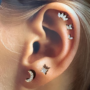May include: Close-up of an ear adorned with multiple gold earrings. The earrings include a crescent moon, a star, and several small, gem-studded butterfly and leaf designs. The jewelry is set against the backdrop of the ear's natural skin tone.