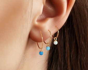 Opal Charm Hoops, Tiny Hoop Earrings, Second Hole Piercing, Gold Sleeper Hoops