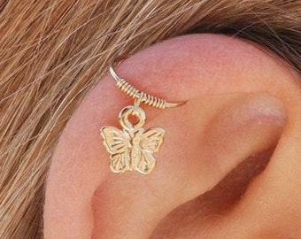 Upper Ear Piercing Hoop Butterfly Charm, Tiny Top Cartilage Ring, Seamless Hoops, Helix Earring