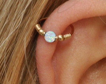 Upper Cartilage Hoop with White Opal Bead, Helix Beaded Ring, Everyday Jewelry