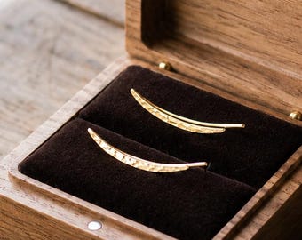 Gold Ear Climber Earrings Hand Hammered Bar Studs