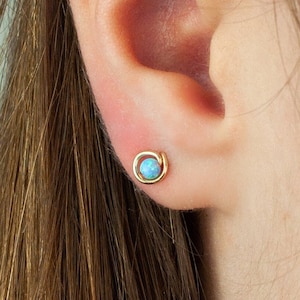 Tiny Gold Stud Earrings with Blue Opal Changing Color Bead, Ears Studs, Dainty Delicate Gift for Her