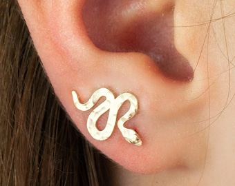 Ear Climbers Hammered Snake Earrings, Serpent Ear Studs, Gold Ear Crawlers