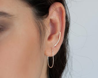 Silver Climber Earrings Long Bar Line Crawlers, Second Hole Piercing, Minimalist Earrings Set