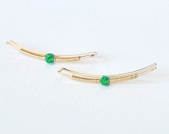 Mother Day Sale, Earrings Climbers with Opal Bead,  Twisted Long Bar Studs