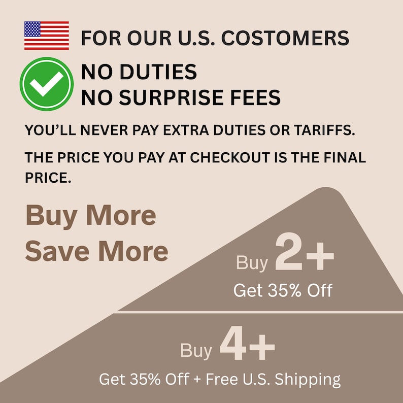 The image is a promotional advertisement for a product, highlighting that there are no duties, no surprise fees, and the final price is the price paid at checkout. It encourages customers to buy more and save more by offering various discounts and deals, such as Buy 2+ Get 35% Off and Buy 4+ Get 35% Off + Free U.S. Shipping.