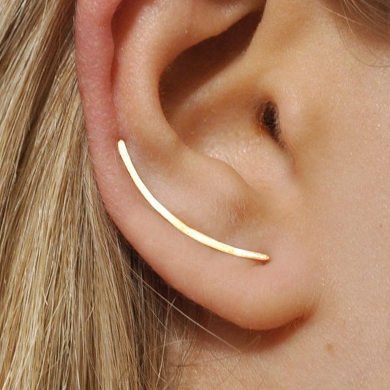 Ohr Kletterer 20mm Schlanke Ohrstifte, 14k Gold gefüllt, glatter Schwung, moderne minimalistische Ohrringe, bis zum Ohrkriecher Bild 6