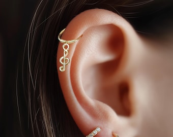 Helix Piercing Hoop Ring, Treble Clef Charm, Seamless Endless Earring, Music Lover Gift