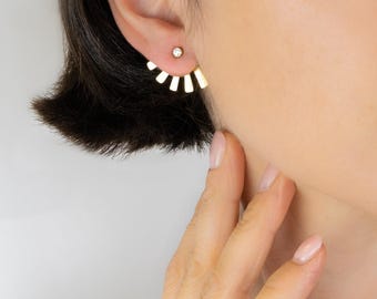 Gold Ear Jacket Earrings Double Sided Zirconia Studs Front Back Earrings