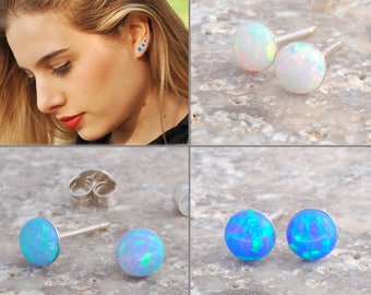 Opal Stud Earrings White Blue Gemstone, Changing Color, Silver Post