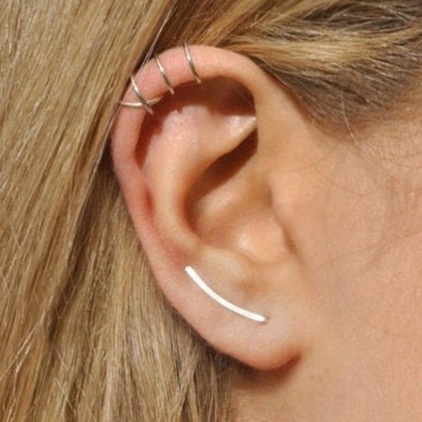 Mismatched Earrings Set of 3 Pieces Ear Climbers and Two Ear Cuffs in Modern Minimalist Style, Sleek Bar Earrings
