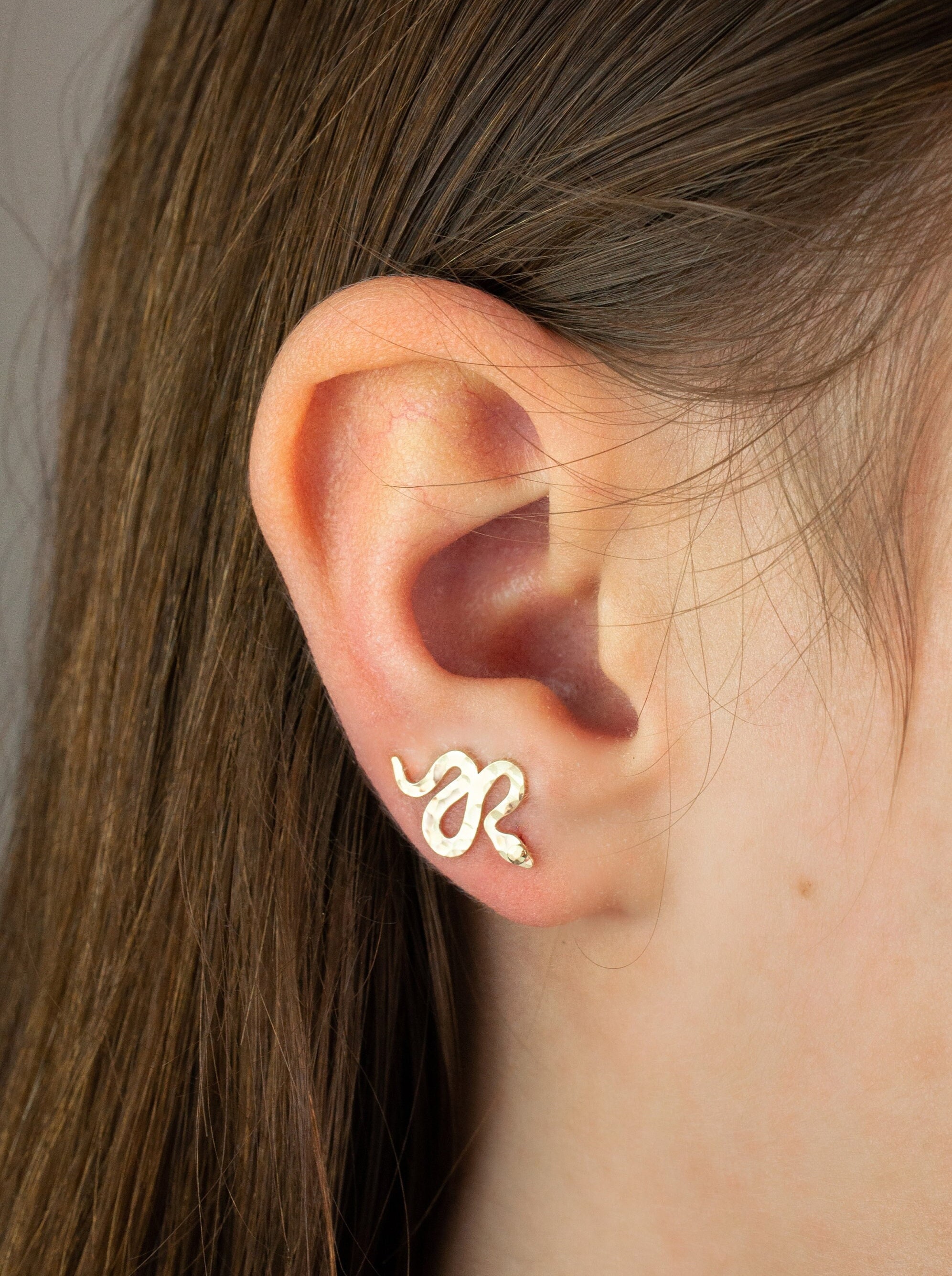 Ear Climbers Hammered Snake Earrings, Serpent Ear Studs, Gold Ear Crawlers