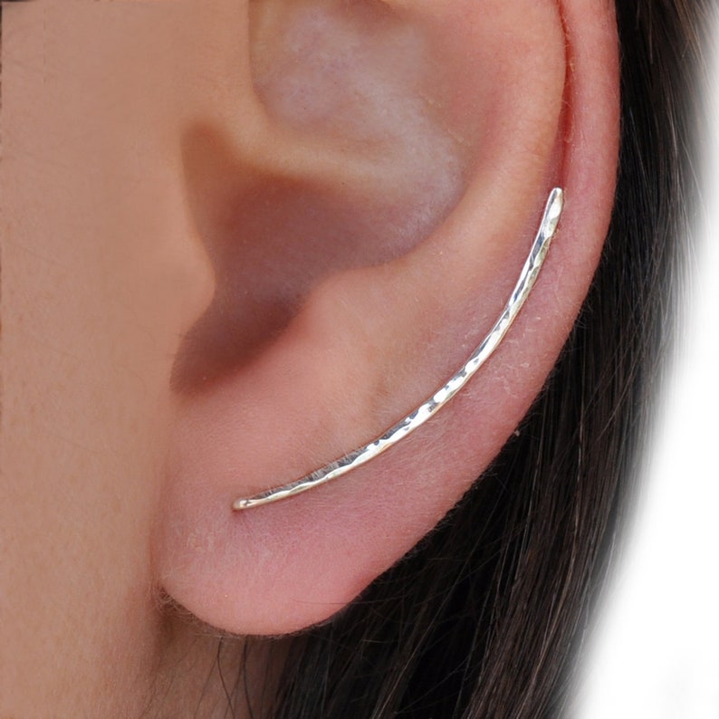 Modern Minimalist Ear Climber, Smooth Ear Sweeps, Double Ear Cuff, Earring Climbers 30mm, Ear Cuff, Gold Crawlers Hammer Silver