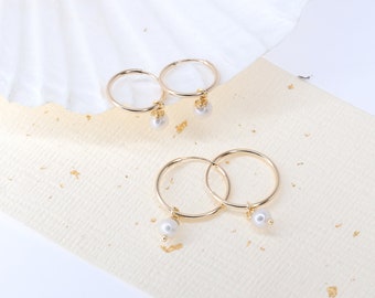 Dangling Pearl Hoop Earrings, Bridal Hoops Boho, Pearl Jewelry