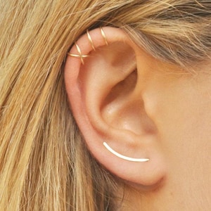 Modern Minimalist Set of 3 - Ear Climber, Smooth Ear Sweeps, Double Ear Cuff, Earring Climbers 20mm, Criss Cross Ear Cuff, Gold Crawlers
