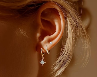 Waterproof Earring Stack Set, Dainty CZ Hoops Gold Stud