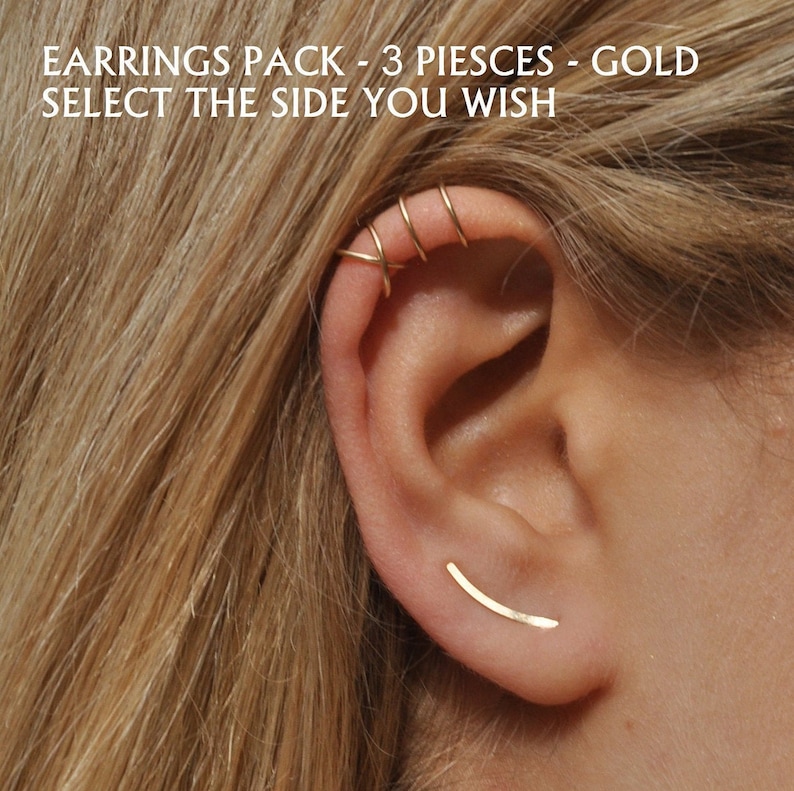 Dainty Ear Climber, Ear Crawler Earrings 15mm 0.6 inch, Gold Ear Cuff Climber, Unique Modern Minimalist Set Pack 3 pieces left
