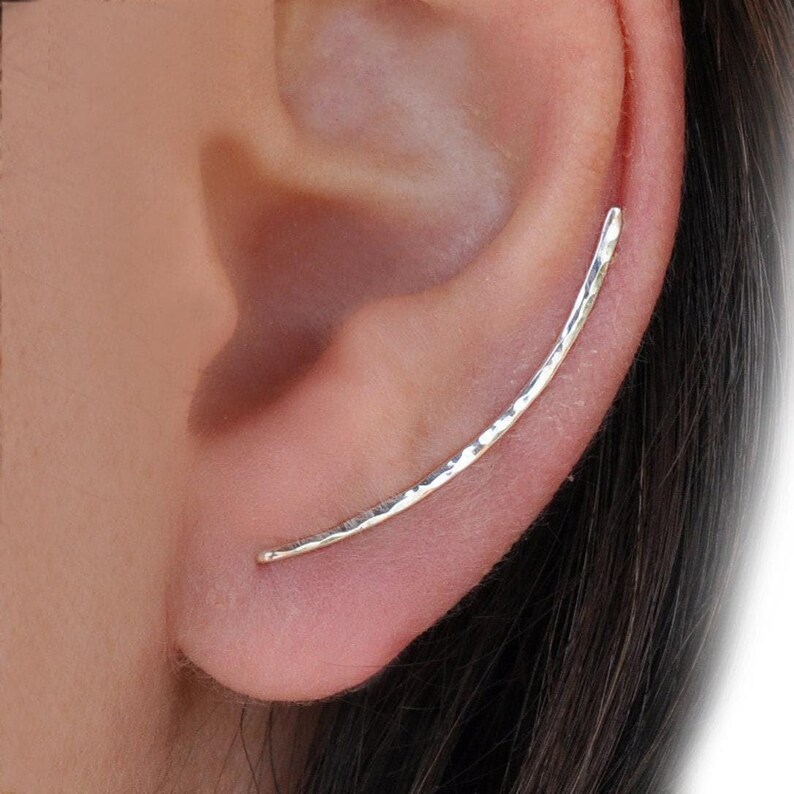 Ear Crawler, Ear Climber Earrings, Minimalist Earrings Silver Gold Filled, Dainty Gold Climber Flat Hammered Silver Hammered