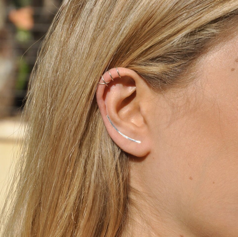 Parure de boucles d'oreilles minimalistes, contour d'oreilles, double ligne et boucles d'oreilles croisées, boucles d'oreilles grimpeurs, bohème silver 30 mm - 1.2 inch