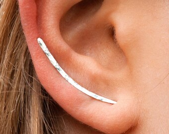 Ear Climbers, White Silver Climbing Crawlers, Long Bar Stud Earrings