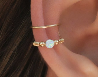 DOUBLE WRAP CUFF, White Opal Ear Cuff, Ear Cuff, Fake Piercing, No Piercing, Conch Cuff